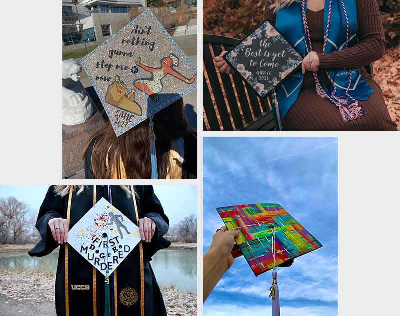 Decorated graduation caps submitted to UCCS.